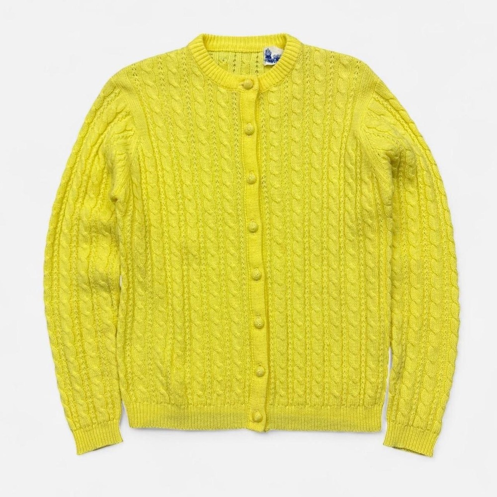 Vintage Deans Of Scotland Yellow Cable Knit Acrylic Cardigan Sweater M